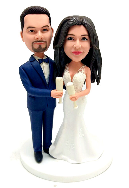 Custom wedding cake topper with champagne cheers wedding